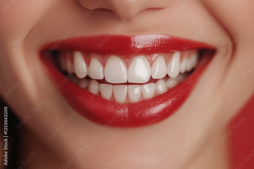 Close-up of a smiling woman with perfect white teeth and red lipstick Close-up of a smiling woman with perfect white teeth and red lipstick