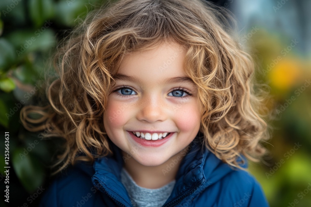 Close-up portrait of a cheerful preschooler girl with blond curly hair and blue eyes, expressing happiness and joy Close-up portrait of a cheerful preschooler girl with blond curly hair and blue eyes, expressing happiness and joy