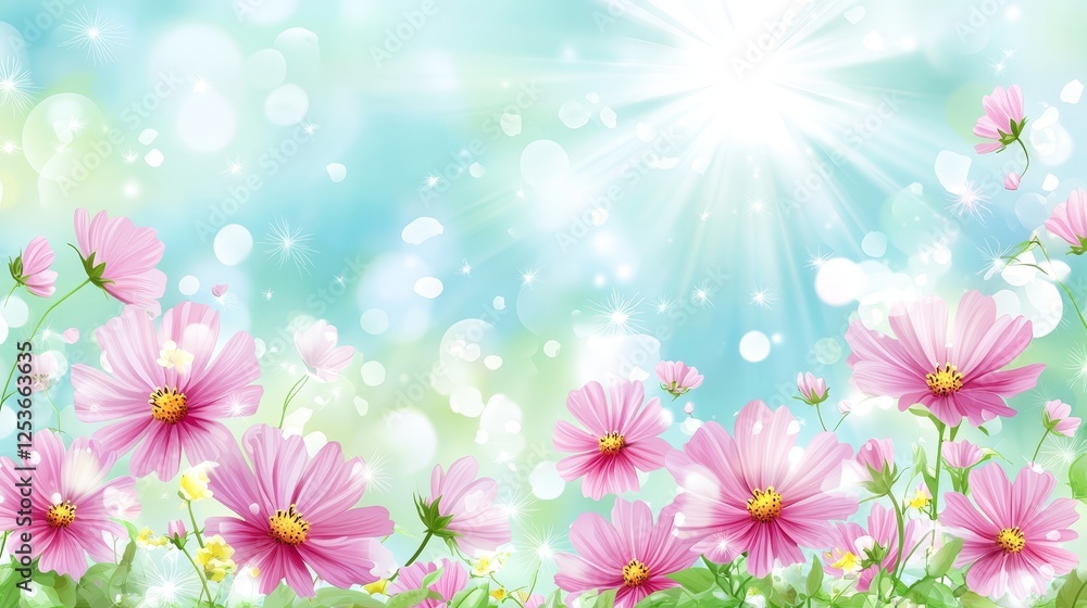 Vivid pink flowers bloom against a clear blue sky, breathtaking spring landscape Vivid pink flowers bloom against a clear blue sky, breathtaking spring landscape