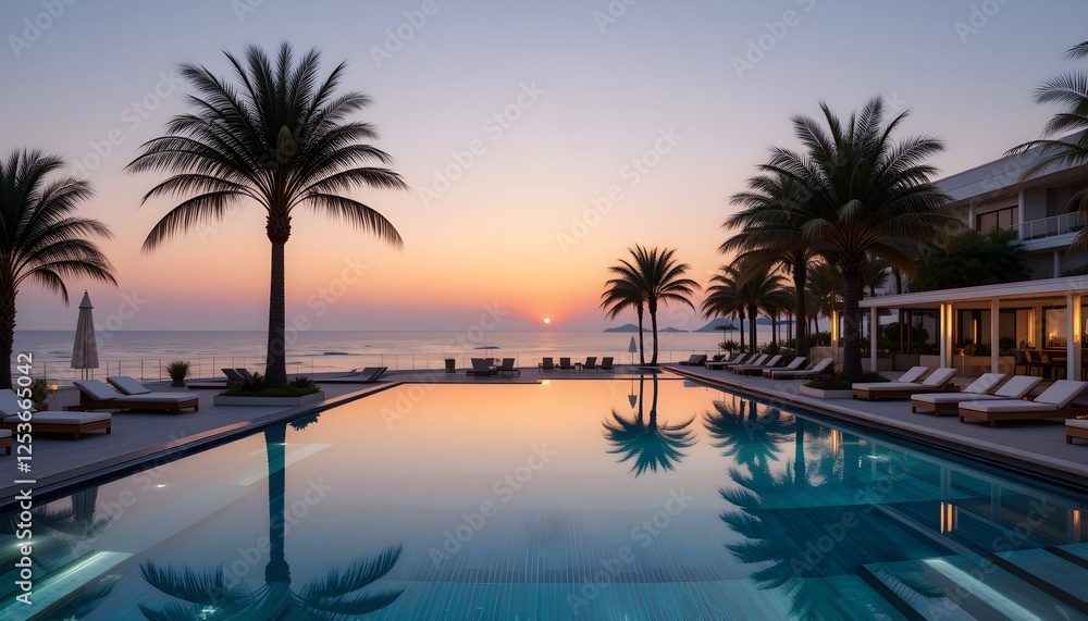 Fototapeta premium Stunning infinity pool overlooking the ocean at a luxury resort. Palm trees, loungers, and a breathtaking sunset create a perfect tropical getaway.