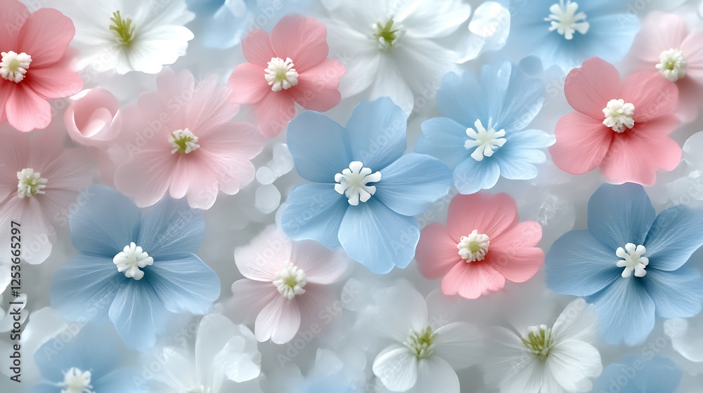 Pastel Pink Blue White Flowers Softly Arranged Together Pastel Pink Blue White Flowers Softly Arranged Together
