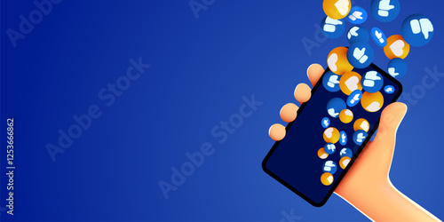 Cute cartoon hand holding mobile smartphone with Likes notification icons. Social media and marketing concept.