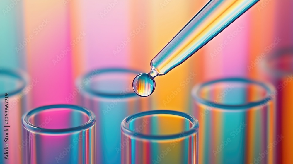 Pipette dispensing a drop of liquid above colorful test - tubes, scientific experiment scene. Pipette dispensing a drop of liquid above colorful test - tubes, scientific experiment scene.
