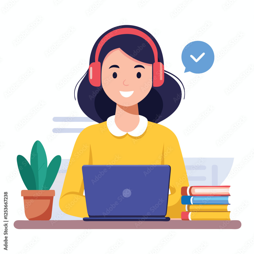 Woman in headphones, studying at laptop. Happy female student watching business webinar. Video conference call, remote work communication. Flat vector illustration isolated on white background Woman in headphones, studying at laptop. Happy female student watching business webinar. Video conference call, remote work communication. Flat vector illustration isolated on white background