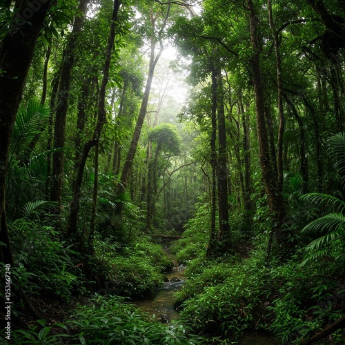 Dense tropical rainforest with tall trees, lush green vegetation and sunlight filtering through the canopy. Atmospheric jungle landscape with a narrow forest path, representing biodiversity, wildernes