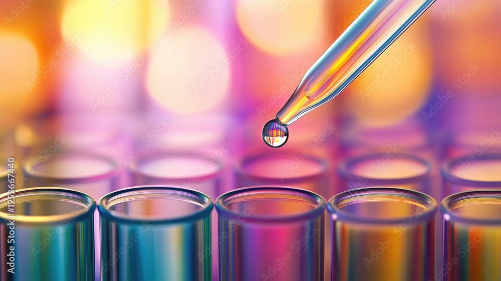 Pipette dripping a liquid drop above a row of colorful test - tubes in a laboratory setting. Pipette dripping a liquid drop above a row of colorful test - tubes in a laboratory setting.