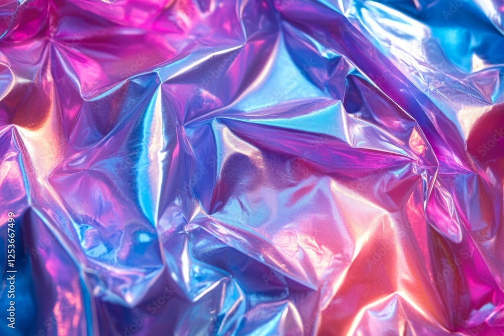 Crumpled holographic foil reflects vibrant pink and blue colors, creating an abstract textured background Crumpled holographic foil reflects vibrant pink and blue colors, creating an abstract textured background