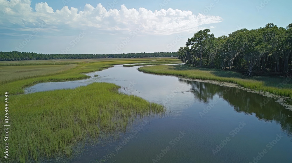 Tranquil Waterway meandering Through the Green Coastal marshland with trees Tranquil Waterway meandering Through the Green Coastal marshland with trees