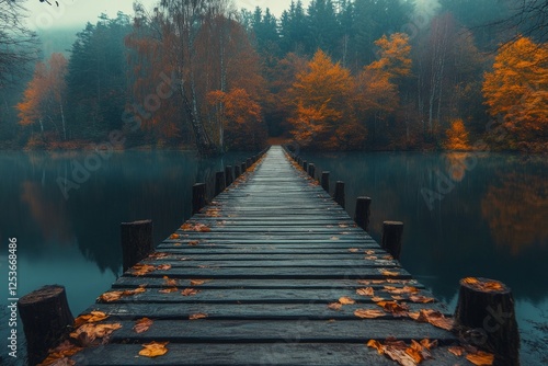 Fototapeta Naklejka Na Ścianę i Meble -  Fallen autumn leaves lie on a wooden footbridge crossing a tranquil lake in a misty forest