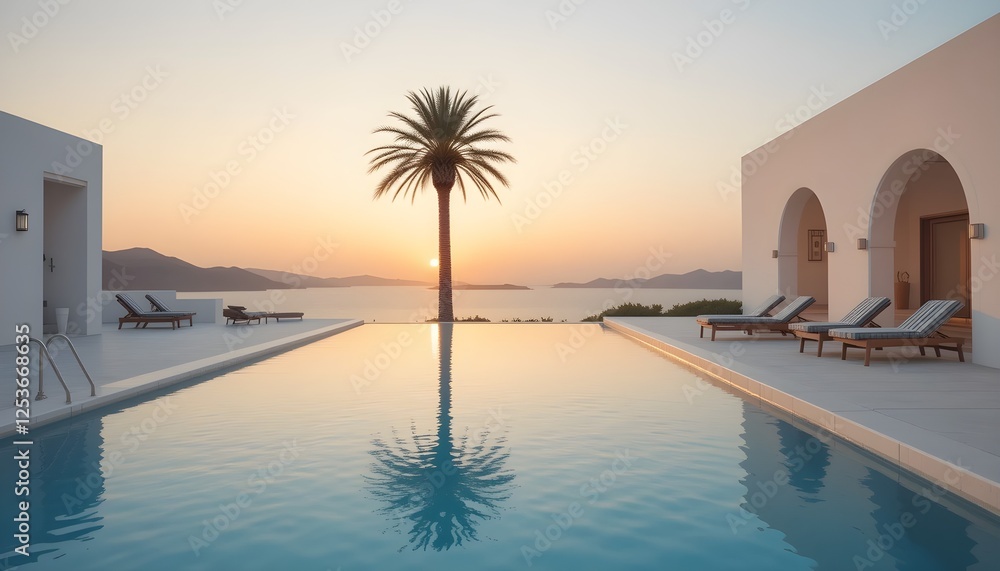 Fototapeta premium A stunning infinity pool overlooking the ocean at sunset, framed by modern architecture and palm trees. A serene tropical retreat for relaxation and luxury travel inspiration.