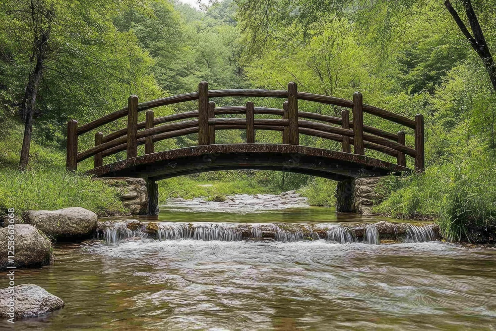Small wooden bridge crossing a river flowing in a green forest, perfect image for nature and travel projects Small wooden bridge crossing a river flowing in a green forest, perfect image for nature and travel projects