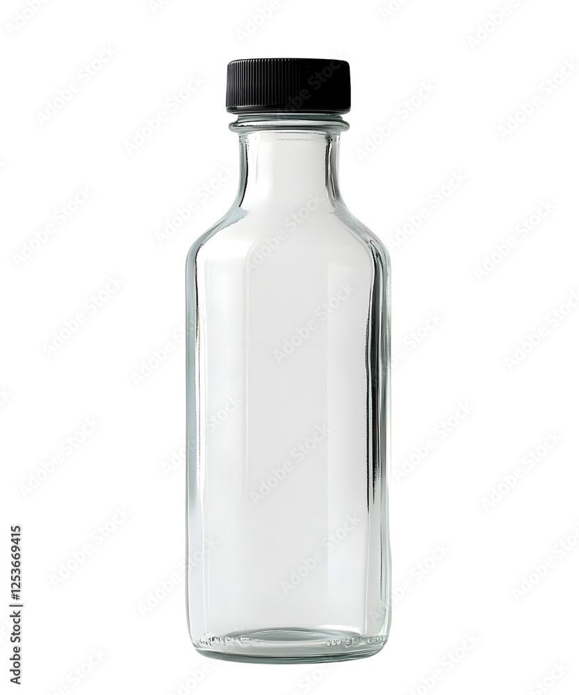 Clear glass bottle with black cap Isolated on a white background Clear glass bottle with black cap Isolated on a white background