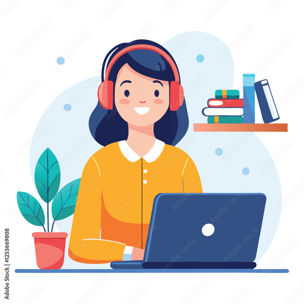 Woman in headphones, studying at laptop. Happy female student watching business webinar. Video conference call, remote work communication. Flat vector illustration isolated on white background Woman in headphones, studying at laptop. Happy female student watching business webinar. Video conference call, remote work communication. Flat vector illustration isolated on white background
