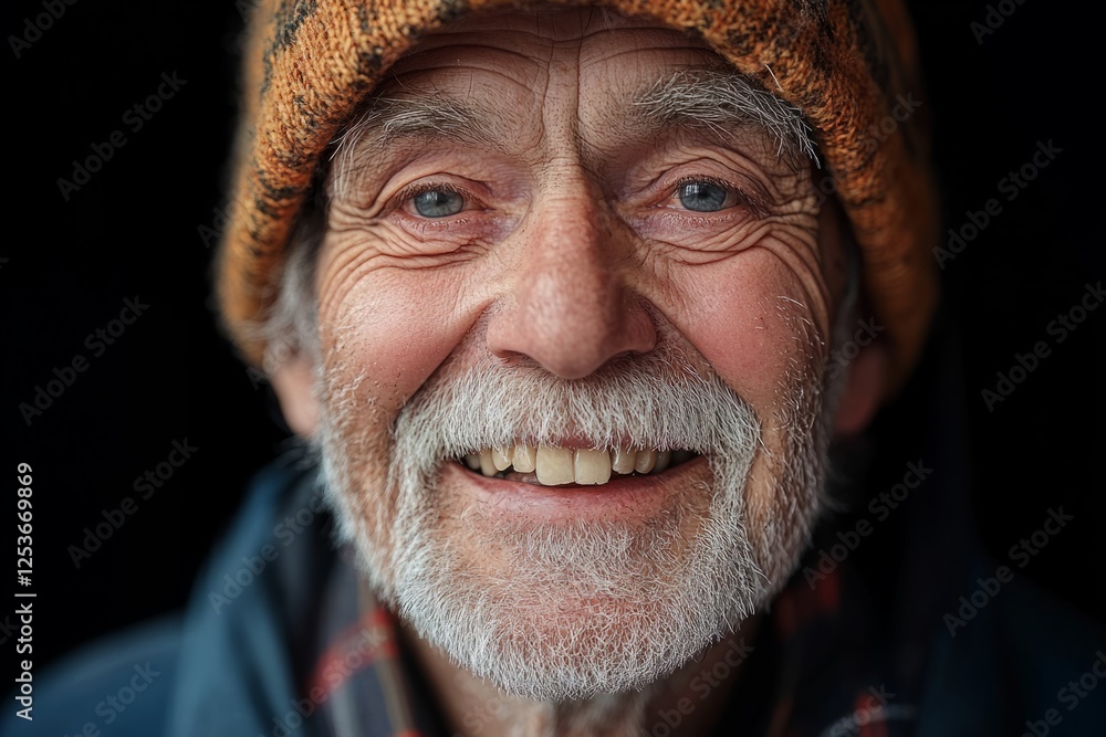 Close-up portrait of a cheerful senior man wearing a knit hat, expressing happiness and good mood Close-up portrait of a cheerful senior man wearing a knit hat, expressing happiness and good mood