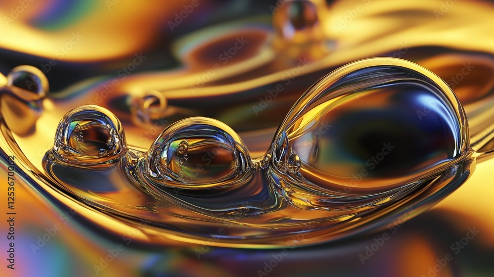 Macro - shot of shiny, reflective liquid droplets in gold and other colors, exhibiting a smooth and curved surface.