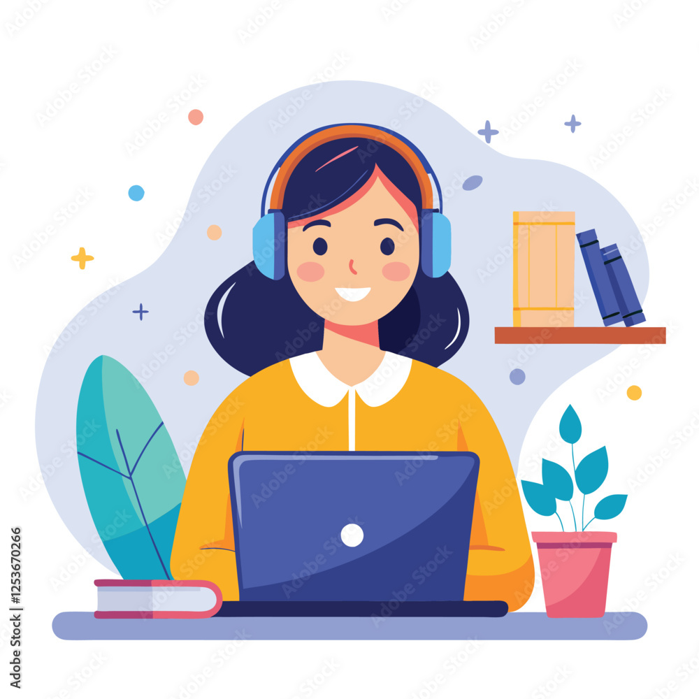 Woman in headphones, studying at laptop. Happy female student watching business webinar. Video conference call, remote work communication. Flat vector illustration isolated on white background Woman in headphones, studying at laptop. Happy female student watching business webinar. Video conference call, remote work communication. Flat vector illustration isolated on white background