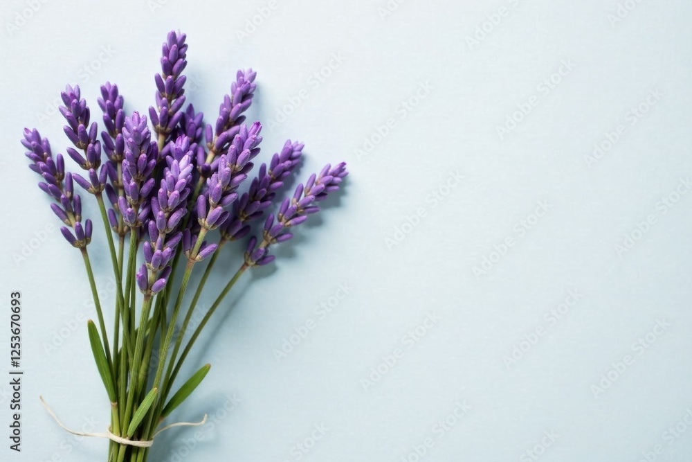 Fototapeta premium A delicate bunch of lavender blossoms rests against a pale blue background, creating a serene and calming image perfect for relaxation or aromatherapy promotions.