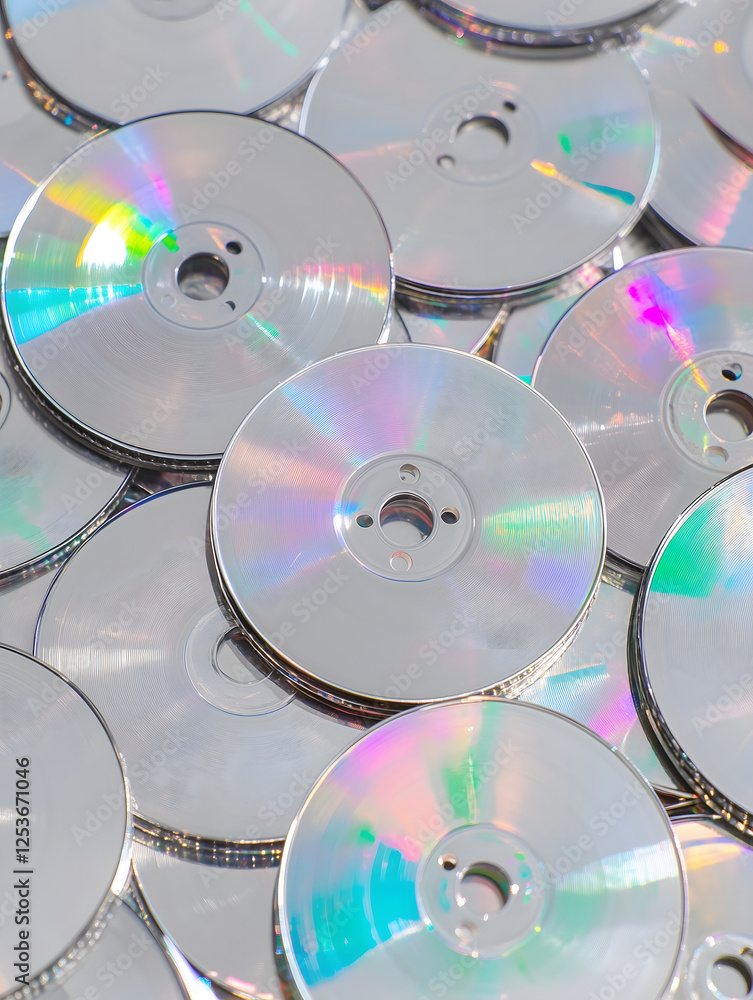 A texture with stacked CDs, which reflect the light and give off an iridescent color A texture with stacked CDs, which reflect the light and give off an iridescent color