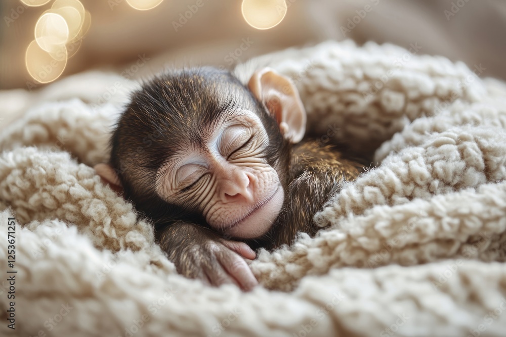 Adorable baby monkey sleeping peacefully in a soft blanket with christmas lights in the background Adorable baby monkey sleeping peacefully in a soft blanket with christmas lights in the background