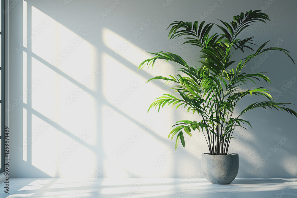 Indoor potted plant placed on a clean white floor in a bright and spacious environment Indoor potted plant placed on a clean white floor in a bright and spacious environment
