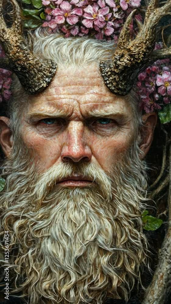 Mystical forest guardian with floral adornments and impressive horned features Mystical forest guardian with floral adornments and impressive horned features