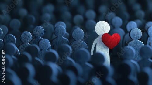 Unique Figure Holding Heart Among Crowd of Shadows and Silhouettes