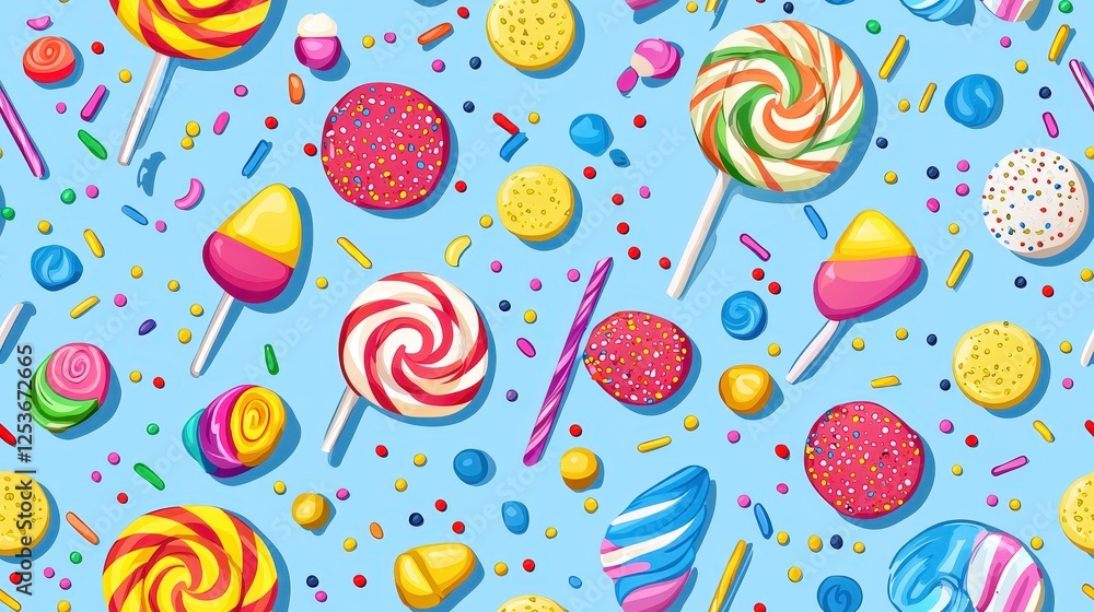 Colorful Candy Pattern with Lollipops and Sprinkles on Blue Background Colorful Candy Pattern with Lollipops and Sprinkles on Blue Background