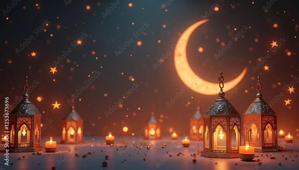 Festive Ramadan Night Scene Golden Lanterns Crescent Moon and Sparkling Stars Festive Ramadan Night Scene Golden Lanterns Crescent Moon and Sparkling Stars
