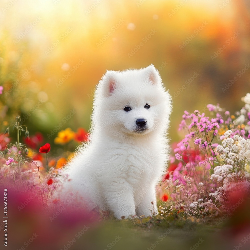 Fluffy White Puppy Sitting In Colorful Flower Garden of Springtime Daytime Photography Of A Pet Portrait With Sunlit Quality. Animal Portrait And Landscape Photography. Image Is Adorable. Playful Fluffy White Puppy Sitting In Colorful Flower Garden of Springtime Daytime Photography Of A Pet Portrait With Sunlit Quality. Animal Portrait And Landscape Photography. Image Is Adorable. Playful