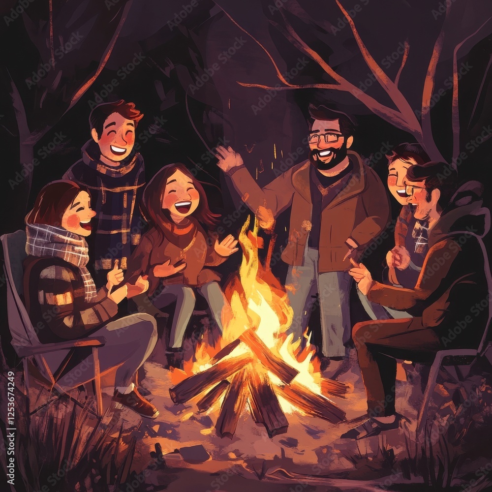 Friends Enjoying a Campfire at Night Friends Enjoying a Campfire at Night