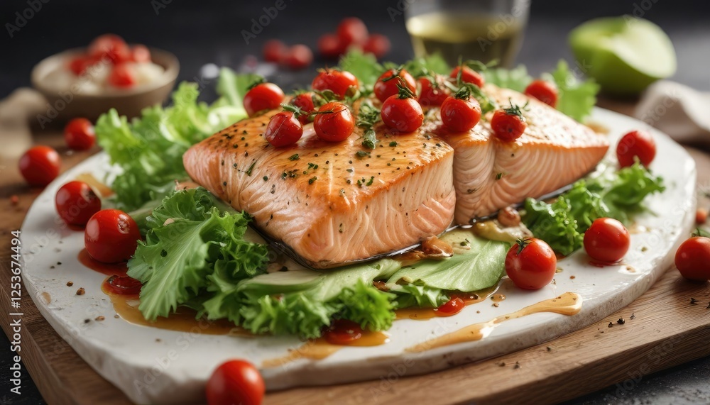 White wine sauce-covered salmon with cherry tomatoes and lettuce, restaurant quality, fresh greens, baked dijon mustard White wine sauce-covered salmon with cherry tomatoes and lettuce, restaurant quality, fresh greens, baked dijon mustard