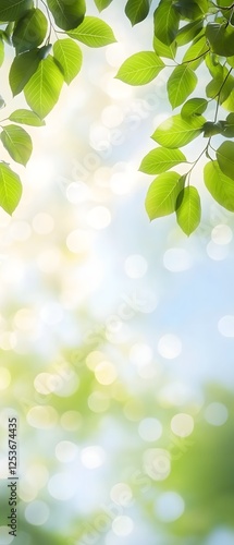A calming summer scene of soft green leaves blending into a radiant sky softly glowing with bokeh.