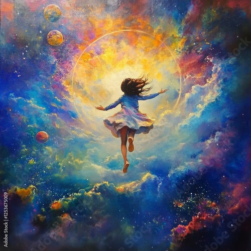 Wallpaper Mural Girl Soaring Through Colorful Dreamlike Space A Whimsical Fantasy Painting Of A Girl Soaring Through Colorful Space In A Dress With A Dreamy Impressionistic Style That Evokes Joy And Freedom With Torontodigital.ca