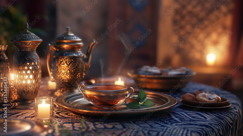 Traditional Moroccan dining table beautifully arranged for a joyful Ramadan Iftar Traditional Moroccan dining table beautifully arranged for a joyful Ramadan Iftar