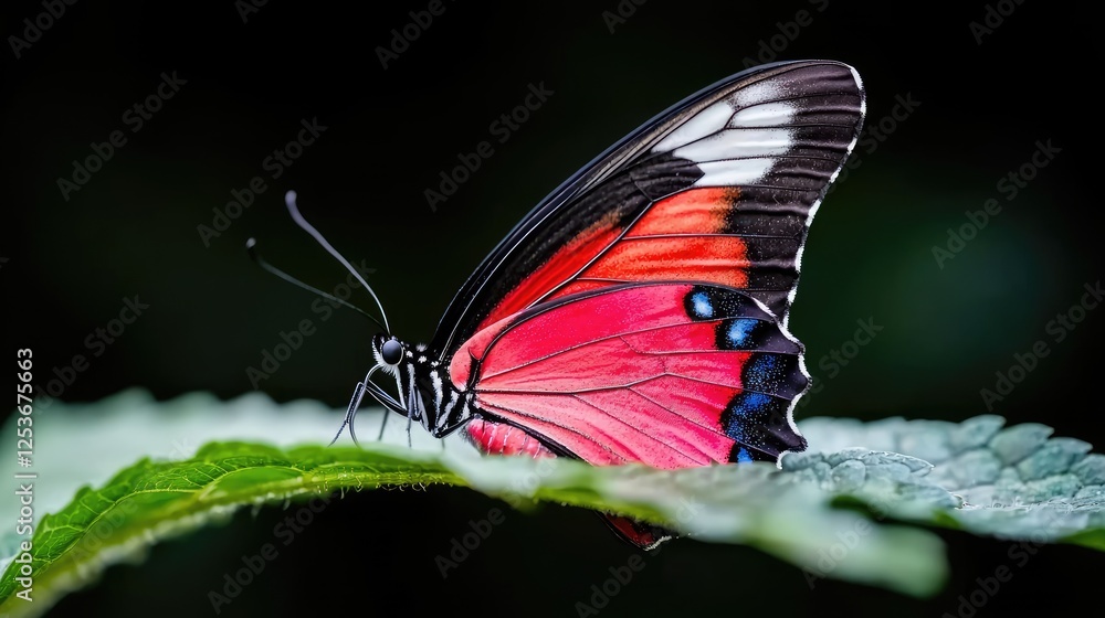 Obraz premium Pink butterfly resting on leaf, dark background, nature scene, perfect for nature posters