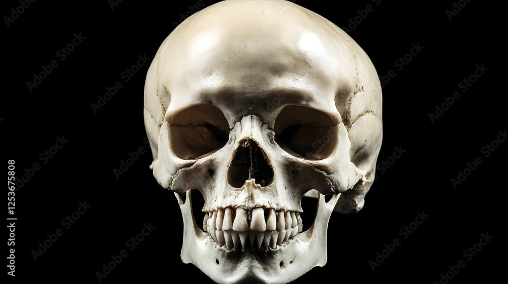 Frontview of natural human skull on isolated black background
Frontview of natural human skull on isolated black background
