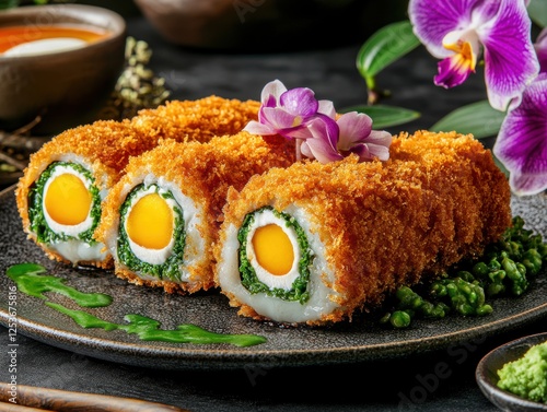 Savoring Indonesian Dadar Gulung with Coconut Pandan Ice Street Market Dessert Combination Vibrant Setting Culinary Delight