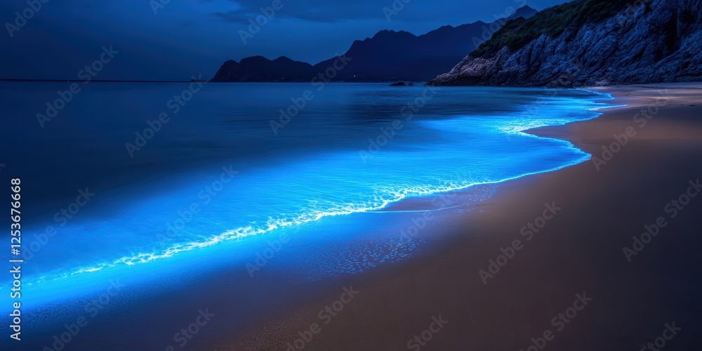 Fototapeta premium Nighttime Beach Scene with Bioluminescent Waves and Mountain View