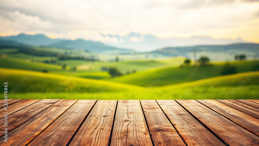 wooden deck for product display overlooking a scenic countryside landscape with golden sunlight, peaceful nature, and relaxing rural environment wooden deck for product display overlooking a scenic countryside landscape with golden sunlight, peaceful nature, and relaxing rural environment