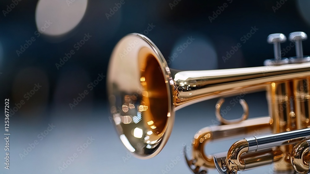Fototapeta premium Close-up of a Golden Trumpet, Musical Instrument, Brass, Melody, Harmony, Jazz, Concert, Orchestra, Performance, Sound, Music, Note, Rhythm, Tune, Song, Instrument,