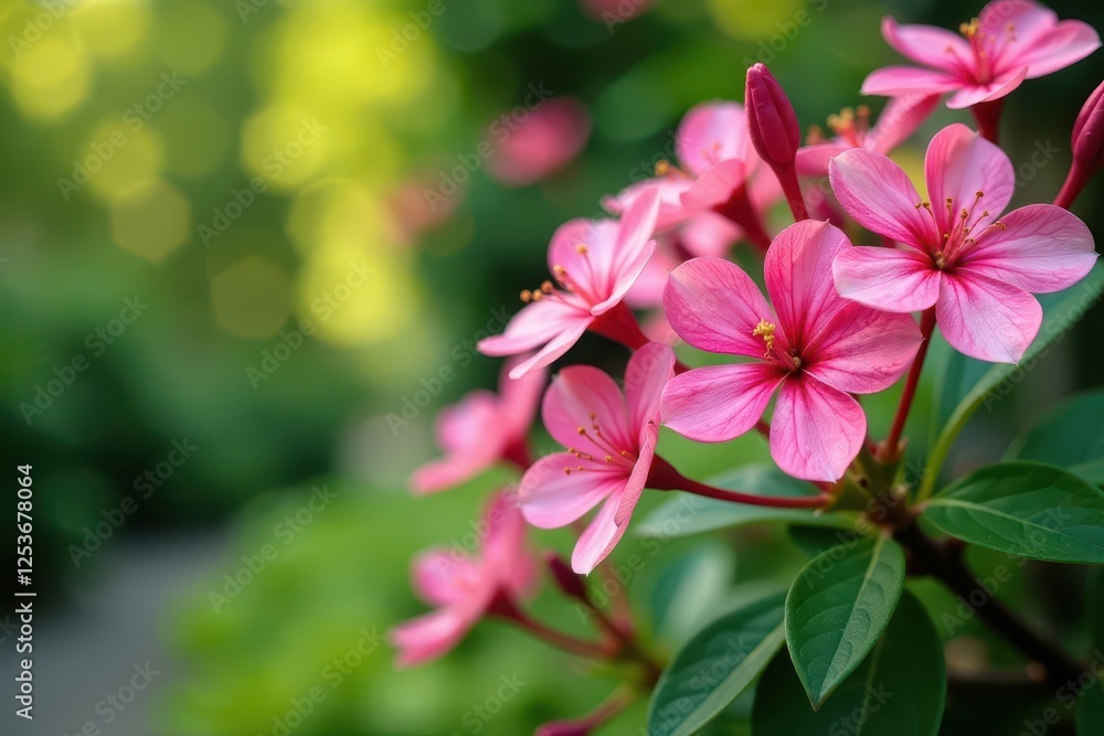 Small shrub with bright pink flowers in a garden, flowers, blossoms Small shrub with bright pink flowers in a garden, flowers, blossoms
