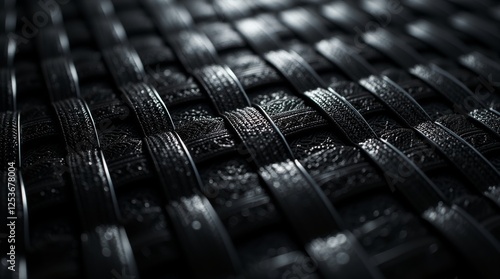 High-contrast black woven texture with intricate details. Perfect for backgrounds, textiles, and futuristic design projects. Ideal for stock photography, branding, and digital art. photo