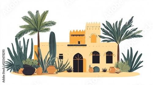 Illustration showcasing Moroccan culture and Arabian architectural elements.