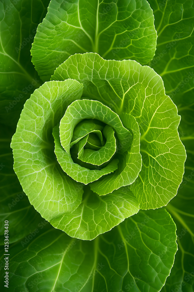 Fototapeta premium Top-Down Texture of Fresh Green Cabbage, The texture of green fresh cabbage from above