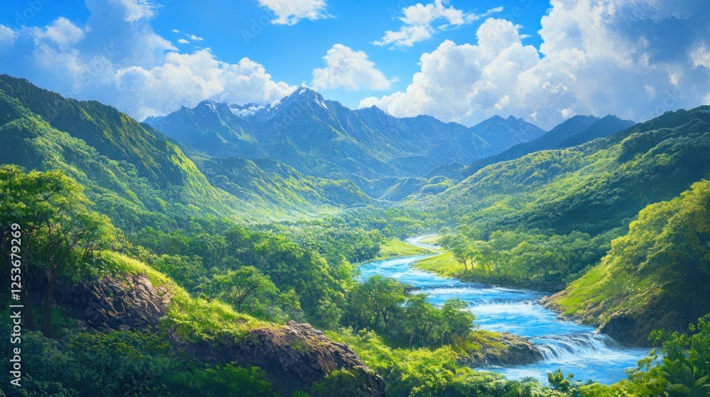 Serene Mountain River Landscape: A Breathtaking View of Nature's Majesty Serene Mountain River Landscape: A Breathtaking View of Nature's Majesty