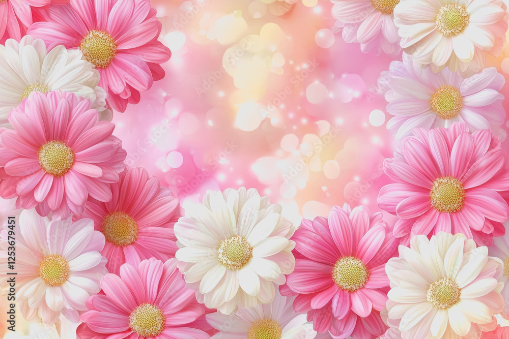 Pink and white flowers arranged on a soft pink background creating a delicate floral composition Pink and white flowers arranged on a soft pink background creating a delicate floral composition