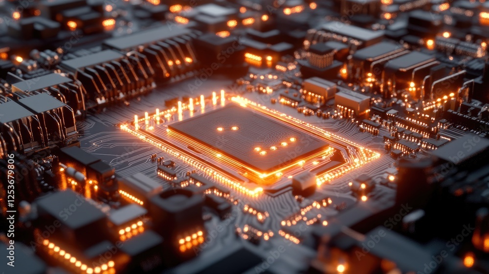 Glowing microchip on circuit board with orange lighting Glowing microchip on circuit board with orange lighting