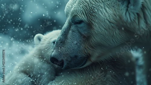 Close-Up of Polar Bear Cub Nestled Against Mother: Tender Bond in Icy Habitat with Gently Falling Snowflake