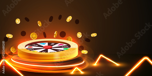 Wheel of luck or fortune. Colorful gambling wheel and flying coins. Online casino. Internet casino.
