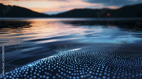 serene lake at sunset with glowing digital dots on water surface, creating futuristic ambiance. tranquil scene is set against backdrop of silhouetted mountains and colorful sky